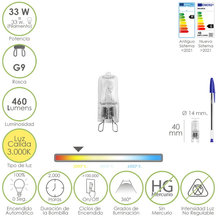 MAURER Ampoule halogène G9 33 W 3000 K MAURER Ampoule halogène G9 33 W 3000 K