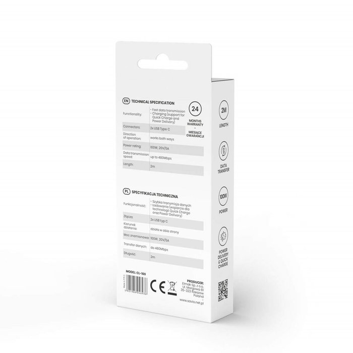 Savio Câble USB C CL-160 Noir 2 m