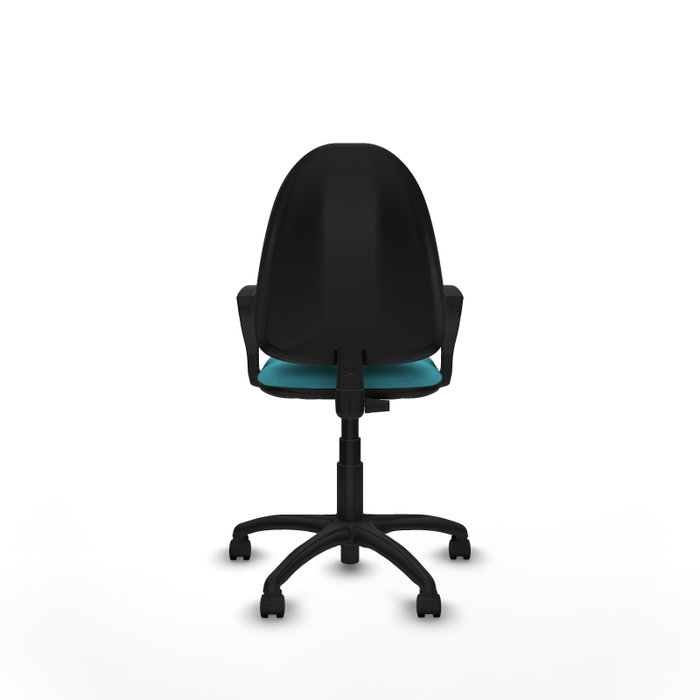 Chaise de bureau Aýna avec mécanisme Contact permanent de base, rembourrée de tissu couleur turquoise. Équipée d'une base en polyamide noir, d'accoudoirs fixes et de roulettes en nylon de 50 mm.