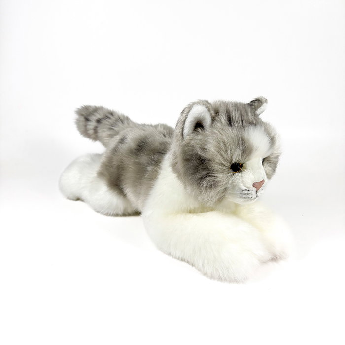 DEQUBE Peluche Chat Gris et Blanc Couché 25 cm - Réf. 939D00300 - Bocalan - Jouet pour Enfant