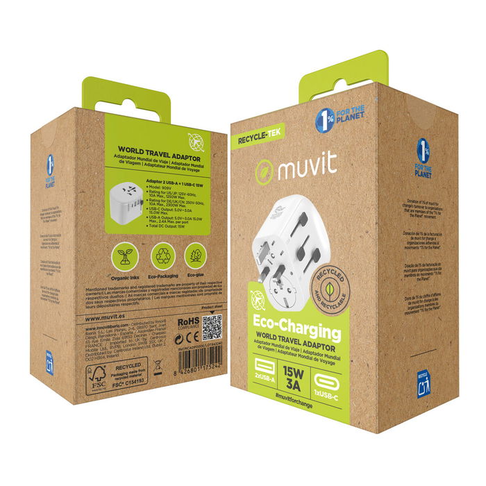 Adaptateur Prise Universelle de Voyage Muvit MCADP0006 Blanc 150 W 15 w Adaptateur Prise Universelle de Voyage Muvit MCADP0006 Blanc 150 W 15 w