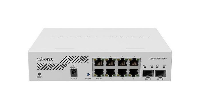 MikroTik Cloud Smart Switch CSS610-8G-2S+IN, 8 Ports Gigabit Ethernet, 2 Ports SFP+ 10G, 12-57V, Géré