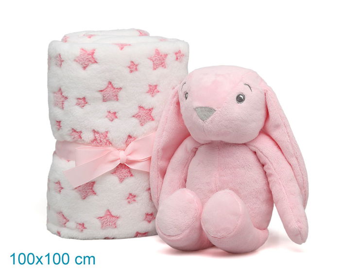 KioKids - Peluche Lapin Rose avec Couverture Polaire à Étoiles - Doudou Sécurité pour Bébé de 0 Mois - Taille 25 cm - 100% Polyester KioKids - Peluche Lapin Rose avec Couverture Polaire à Étoiles - Doudou Sécurité pour Bébé de 0 Mois - Taille 25 cm - 100% Polyester