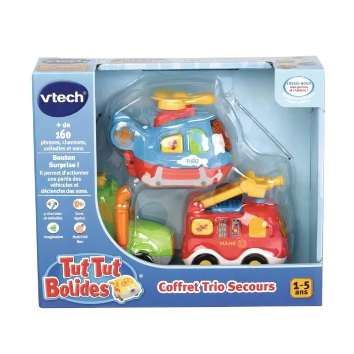 VTech - Coffret Trio Secours Tut Tut Bolides - Camion de pompiers, tracteur et hélicoptère parlant - Jouet éducatif lumineux avec chansons - 1 à 5 ans - Version française