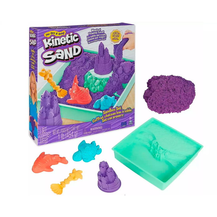 Spin Master Kinetic Sand - 450 g de Sable Kinetic Violet avec 4 Moules, Outils et Bac de Jeu - Set Sandbox - Réf. 6067477 - Pour Enfants 3 ans et plus