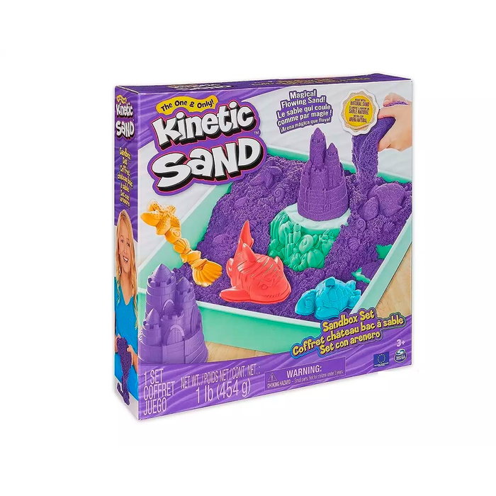 Spin Master Kinetic Sand - 450 g de Sable Kinetic Violet avec 4 Moules, Outils et Bac de Jeu - Set Sandbox - Réf. 6067477 - Pour Enfants 3 ans et plus