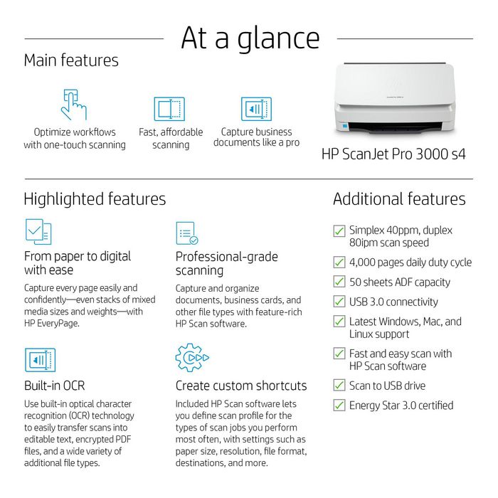 HP ScanJet Pro 3000 s4 - Scanner à alimentation automatique de documents (ADF 50 pages), recto verso, 40 ppm/80 ipm, jusqu'à 4000 pages/jour, USB HP ScanJet Pro 3000 s4 - Scanner à alimentation automatique de documents (ADF 50 pages), recto verso, 40 ppm/80 ipm, jusqu'à 4000 pages/jour, USB