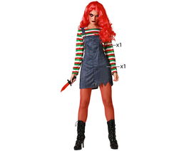 Déguisement Halloween Femme Adulte Effrayant de Poupée Multicolore avec Combinaison, Look Sinièstre et Rayé, Taille XS-S