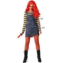 Déguisement Adulte Femme Halloween Effrayant Poupée Multicolore avec Salopette et T-shirt Rayé - XS/S