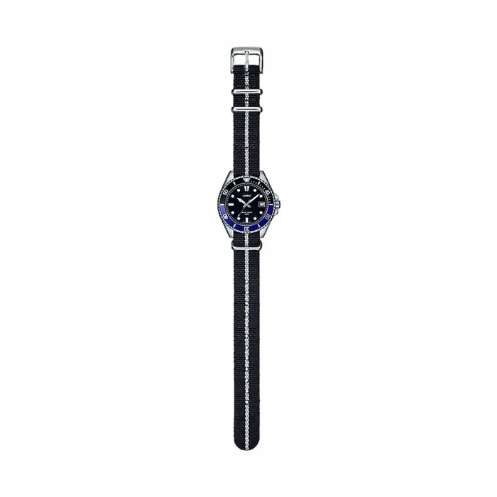 Casio Montre Homme Analogique Quartz MDV-10C Noire et Bleue avec Lunette Rotative et Bracelet Tissu - Étanche 5 Bar