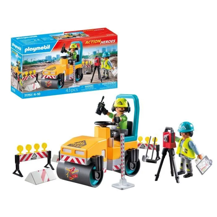 PLAYMOBIL 71751 Ouvriers avec Rouleau Compresseur et Signalisation, Action Heroes, La Construction, 43 Pièces, Dès 4 Ans PLAYMOBIL 71751 Ouvriers avec Rouleau Compresseur et Signalisation, Action Heroes, La Construction, 43 Pièces, Dès 4 Ans