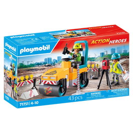 Playmobil Construction De Carreteras Action Heroes 71751 - Set de chantier avec rouleau compresseur, casques et outils, dès 4 ans