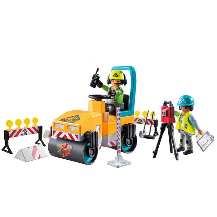 Playmobil Construction De Carreteras Action Heroes 71751 - Set de chantier avec rouleau compresseur, casques et outils, dès 4 ans