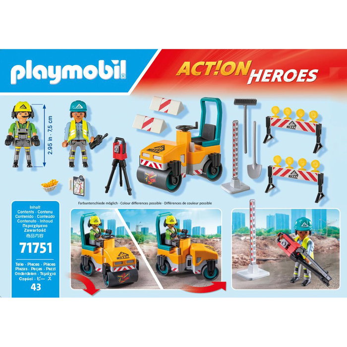 Playmobil Construction De Carreteras Action Heroes 71751 - Set de chantier avec rouleau compresseur, casques et outils, dès 4 ans