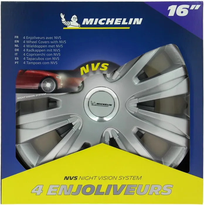 Michelin Enjoliveurs Lot de 4 NVS 42, 16 Pouces, Gris Métallisé, Fixation par Clips, Pastille Réfléchissante Sécurité Nuit
