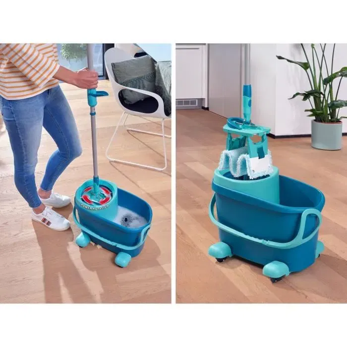 Leifheit Clean Twist Ergo 52121 - Set lave-sol avec seau essoreur à roulettes de 6 L, balai serpillière plat, manche télescopique 110-140 cm, mécanisme rotatif