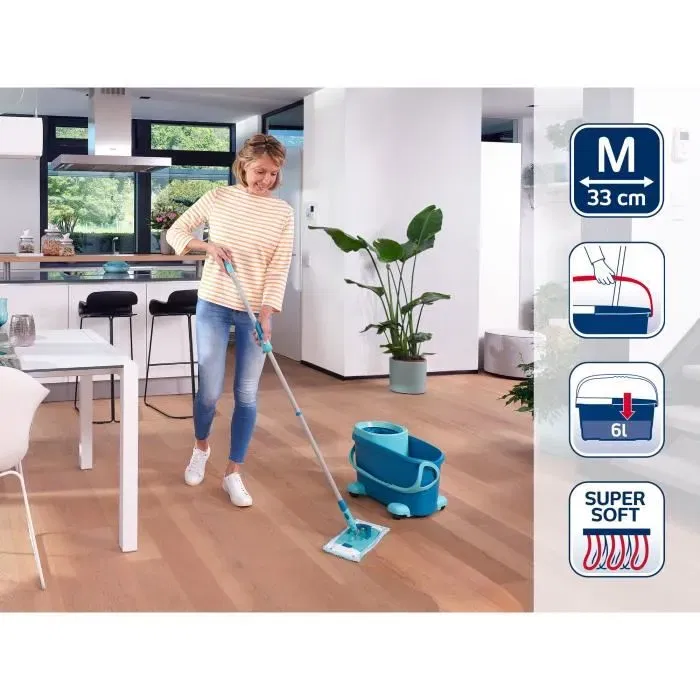 Leifheit Clean Twist Ergo 52121 - Set lave-sol avec seau essoreur à roulettes de 6 L, balai serpillière plat, manche télescopique 110-140 cm, mécanisme rotatif