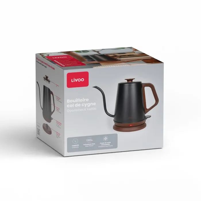 Livoo Bouilloire DOD206 1360 W 1 L Col de Cygne, Socle Pivotant 360°, Arrêt Automatique, Acier Inoxydable, Noir/Marron