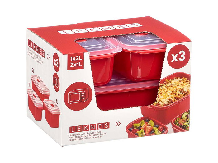 LEKNES Set de 3 boîtes de conservation rouges, 1 L et 2 L