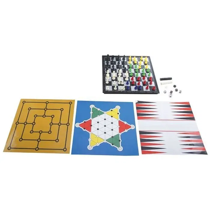 Lexibook - Coffret de jeux de société magnétiques 8 en 1 : Échecs, dames, jeu du moulin, serpents et échelles, jeu de l'oie, petits chevaux, dames chinoises, backgammon, 2-6 joueurs