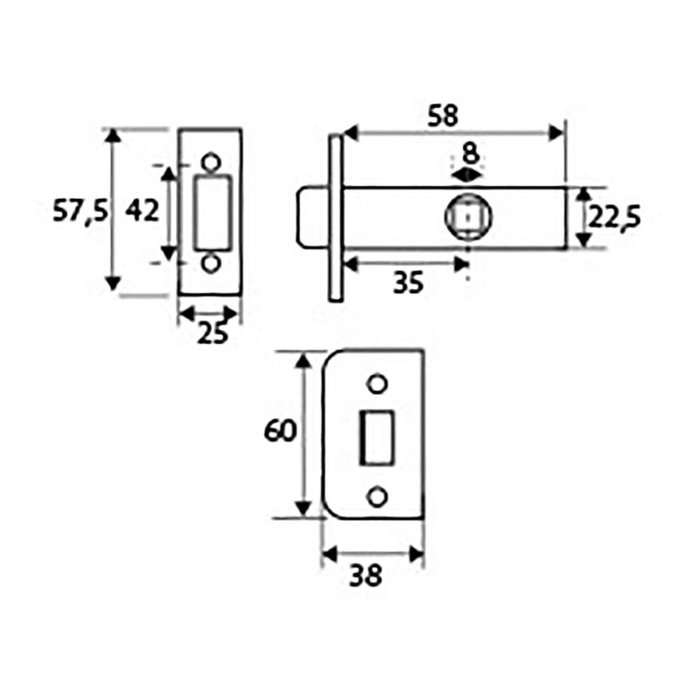 Edm PCT03 Blister picaporte tubulaire acier nickel satiné canto cuadrado 45 mm 68x25x57,5 mm