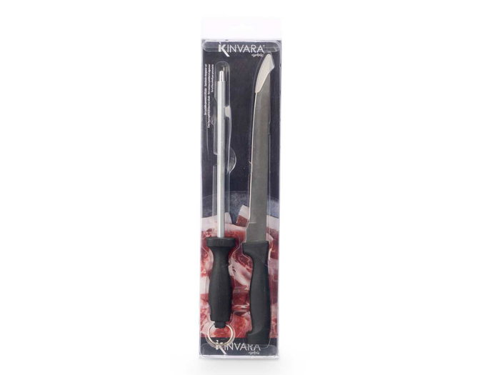 Kinvara Set Coupe-Jambon et Aiguiseur 9 x 38,5 x 2 cm, Acier 3Cr13, Plastique PP, Noir (Set de 12)