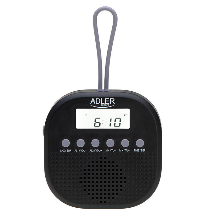 Adler AD 1912 Radio FM étanche IPX4 avec réveil et double alarme, 9 x 9 x 2,5 cm