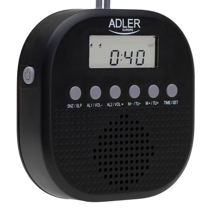 Adler AD 1912 Radio FM étanche IPX4 avec réveil et double alarme, 9 x 9 x 2,5 cm