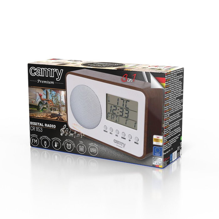 Camry Radio portable FM CR-1153 avec grand écran LCD, thermomètre, réveil, antenne télescopique, alimentation USB/piles, 18,4 x 11,6 x 5,9 cm