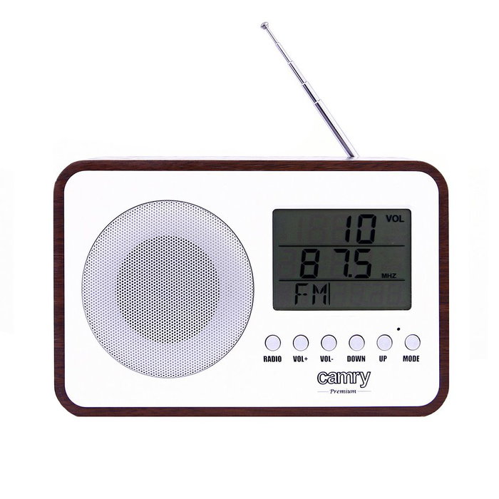 Camry Radio portable FM CR-1153 avec grand écran LCD, thermomètre, réveil, antenne télescopique, alimentation USB/piles, 18,4 x 11,6 x 5,9 cm