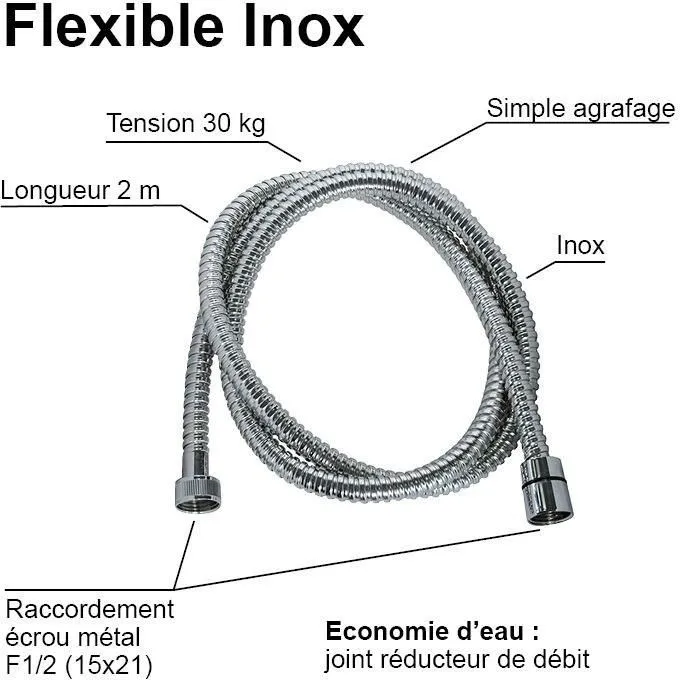ROUSSEAU Flexible de douche inox chromé 2 m avec écrous métal F1/2 (15x21) et embouts sertis de sécurité ROUSSEAU Flexible de douche inox chromé 2 m avec écrous métal F1/2 (15x21) et embouts sertis de sécurité