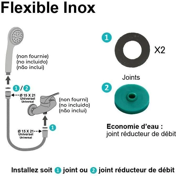 ROUSSEAU Flexible de douche inox chromé 2 m avec écrous métal F1/2 (15x21) et embouts sertis de sécurité ROUSSEAU Flexible de douche inox chromé 2 m avec écrous métal F1/2 (15x21) et embouts sertis de sécurité