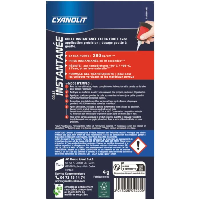 Cyanolit Colle instantanée Extra Forte Précision 4 g Formule gel Cyanolit Colle instantanée Extra Forte Précision 4 g Formule gel