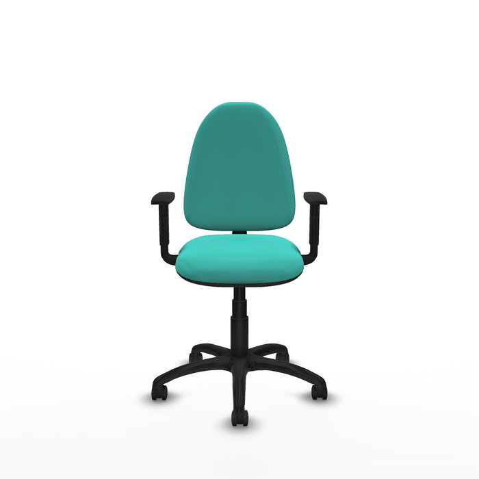 Chaise de bureau Aýna avec mécanisme de contact permanent de base, revêtue de simili cuir couleur turquoise. Équipée d'une base en polyamide noir, d'accoudoirs 1D et de roulettes pour parquet