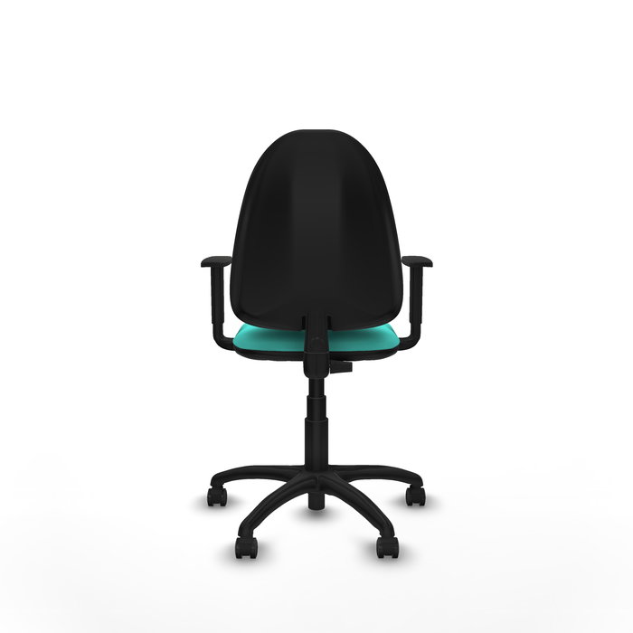 Chaise de bureau Aýna avec mécanisme de contact permanent de base, revêtue de simili cuir couleur turquoise. Équipée d'une base en polyamide noir, d'accoudoirs 1D et de roulettes pour parquet