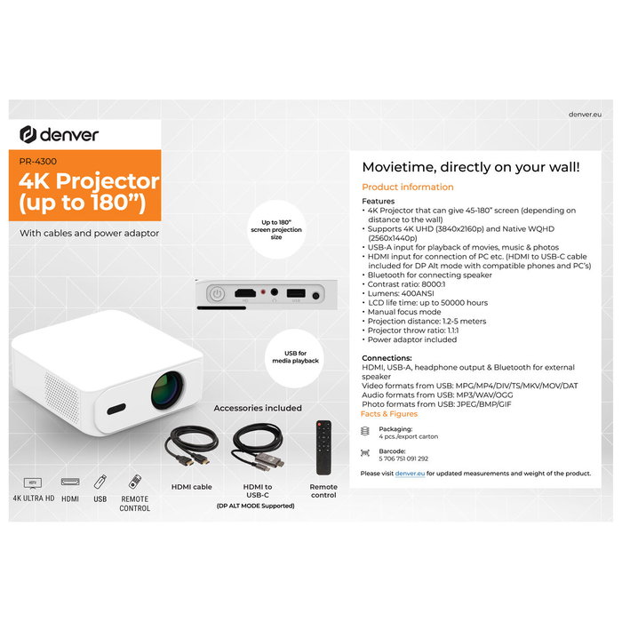 Denver Electronics PR-4300 Projecteur 4K 3840 x 2160 px Denver Electronics PR-4300 Projecteur 4K 3840 x 2160 px