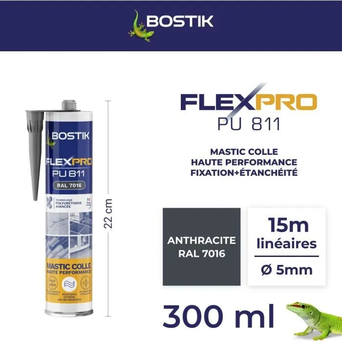 Bostik Flexpro PU811 - Mastic-colle polyuréthane haute performance anthracite RAL7016 - Intérieur et extérieur - 300 ml
