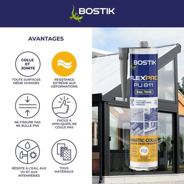 Bostik Flexpro PU811 - Mastic-colle polyuréthane haute performance anthracite RAL7016 - Intérieur et extérieur - 300 ml