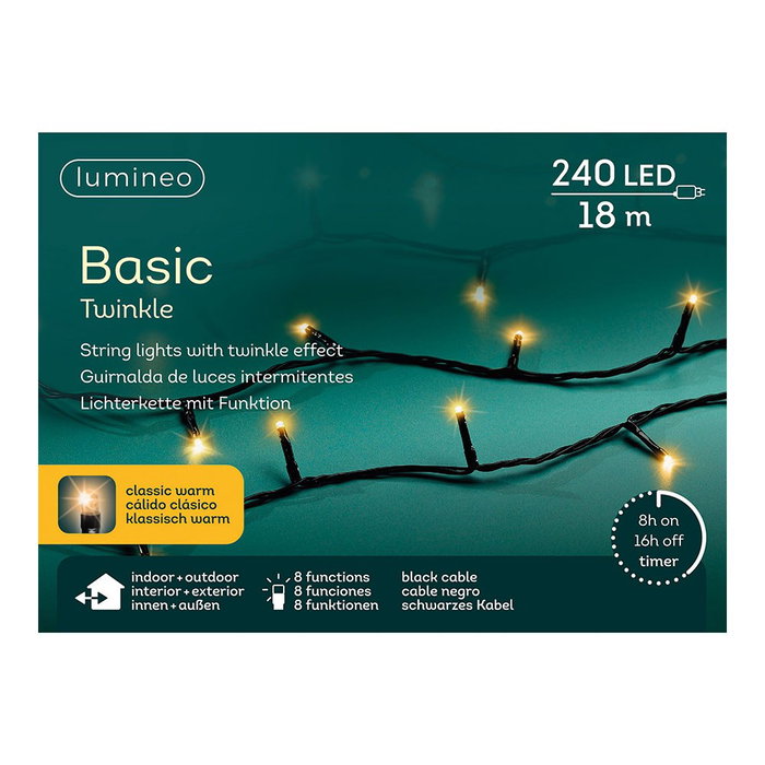 Lumineo Guirlande LED Basic 18 m, 240 LED Blanc Chaud, Noir
