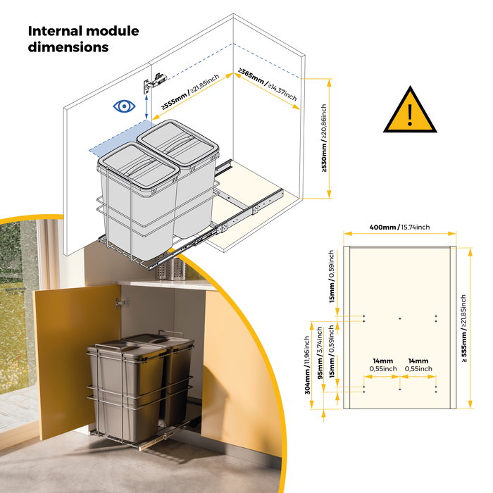 Emuca poubelle de recyclage pour montage inférieur et extraction manuelle pour meuble de cuisine Recycle 2x35litres, Plastique gris anthracite