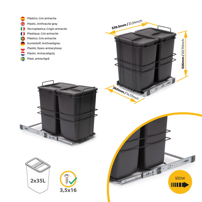Emuca Recycle Poubelle de recyclage 2 x 35 litres, Gris anthracite Emuca Recycle Poubelle de recyclage 2 x 35 litres, Gris anthracite