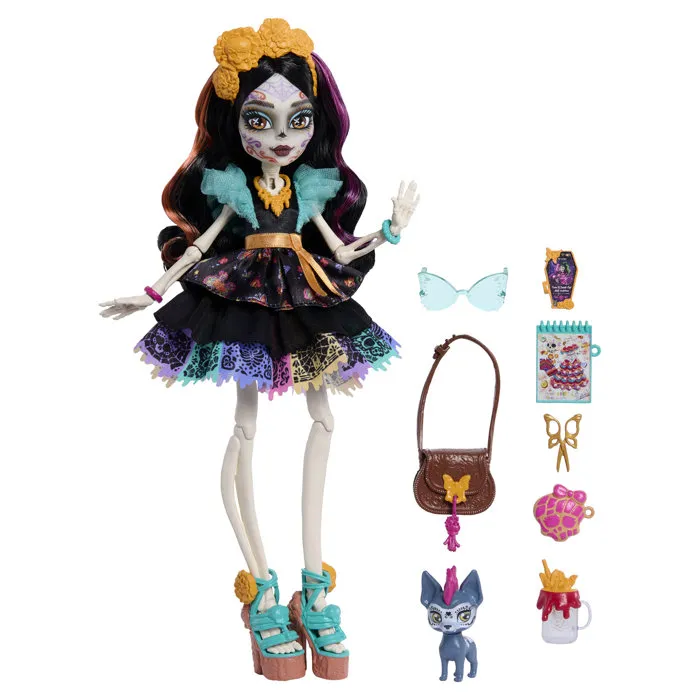 Monster High - Poupée Skelita JHK34 - Maquillage éclatant, robe fête des morts hexico et 7 accessoires Monster High - Poupée Skelita JHK34 - Maquillage éclatant, robe fête des morts hexico et 7 accessoires