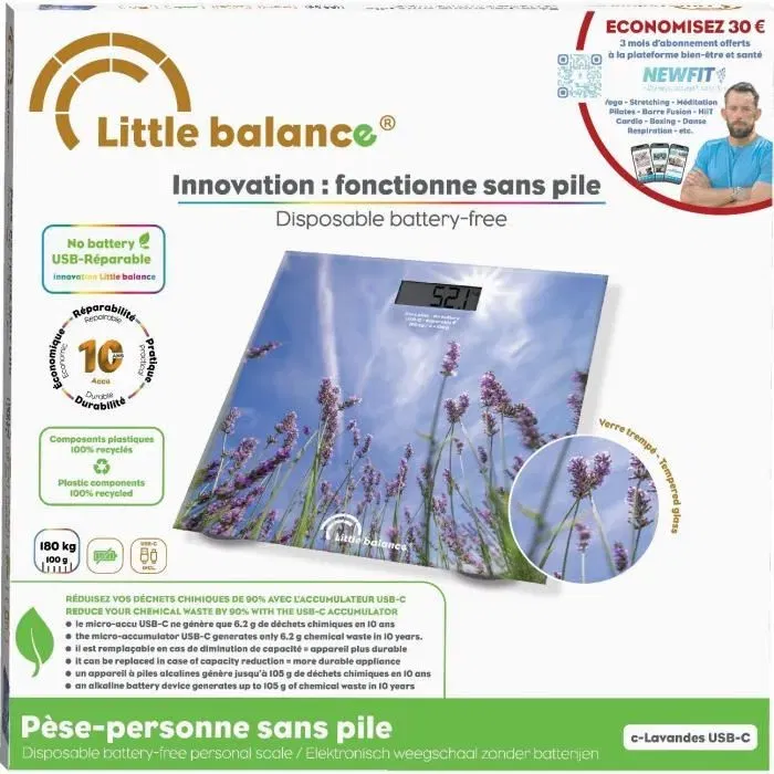 Little Balance Pese-personne USB-C Lavandes - Plateau verre trempé 28x28 cm, LCD, rechargeable, 180 kg, 100 g de précision
