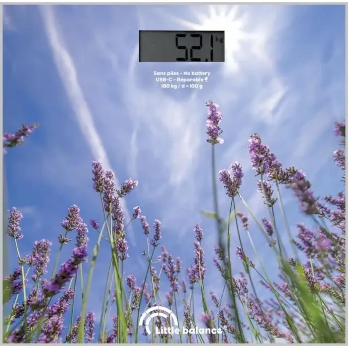Little Balance Pese-personne USB-C Lavandes - Plateau verre trempé 28x28 cm, LCD, rechargeable, 180 kg, 100 g de précision