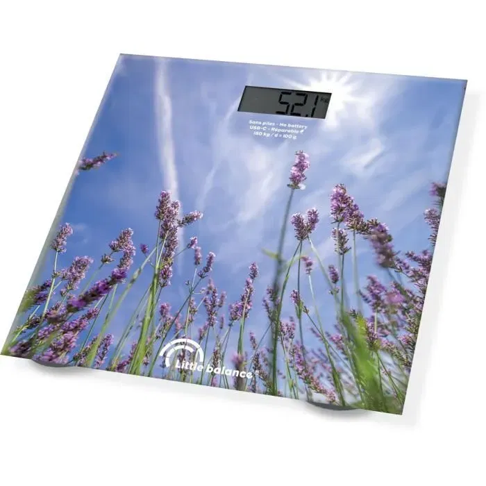 Little Balance Pese-personne USB-C Lavandes - Plateau verre trempé 28x28 cm, LCD, rechargeable, 180 kg, 100 g de précision