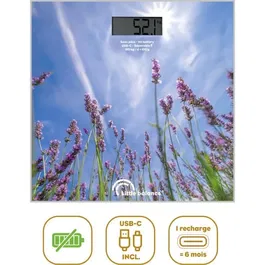 Little Balance Pese-personne USB-C Lavandes - Plateau verre trempé 28x28 cm, LCD, rechargeable, 180 kg, 100 g de précision