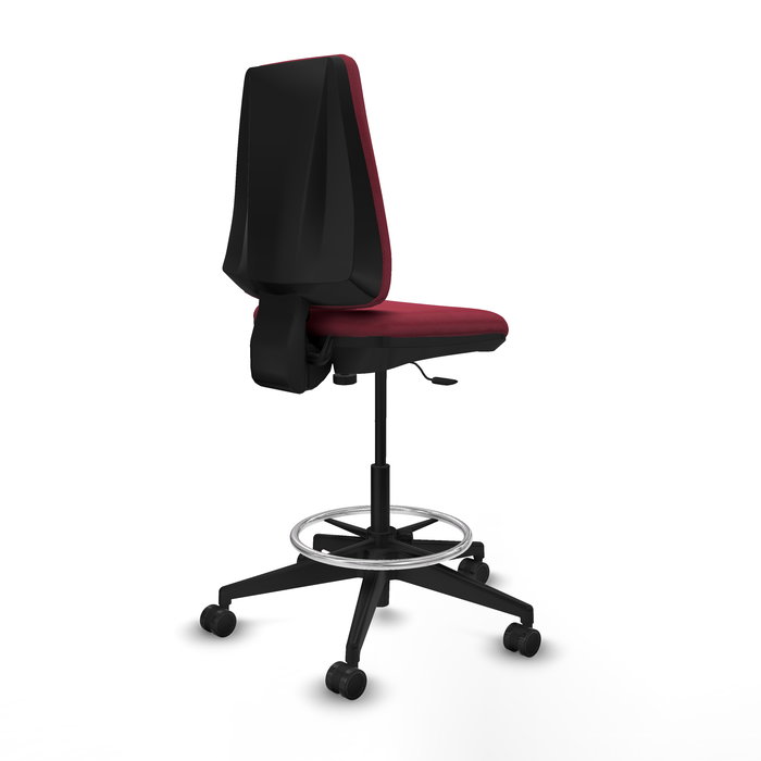 Tabouret Taburete Elche Contact permament de base Tissu Bordeaux Base pyramidale noire Sans accoudoirs Sans appui-tête Roulettes 65mm nylon
