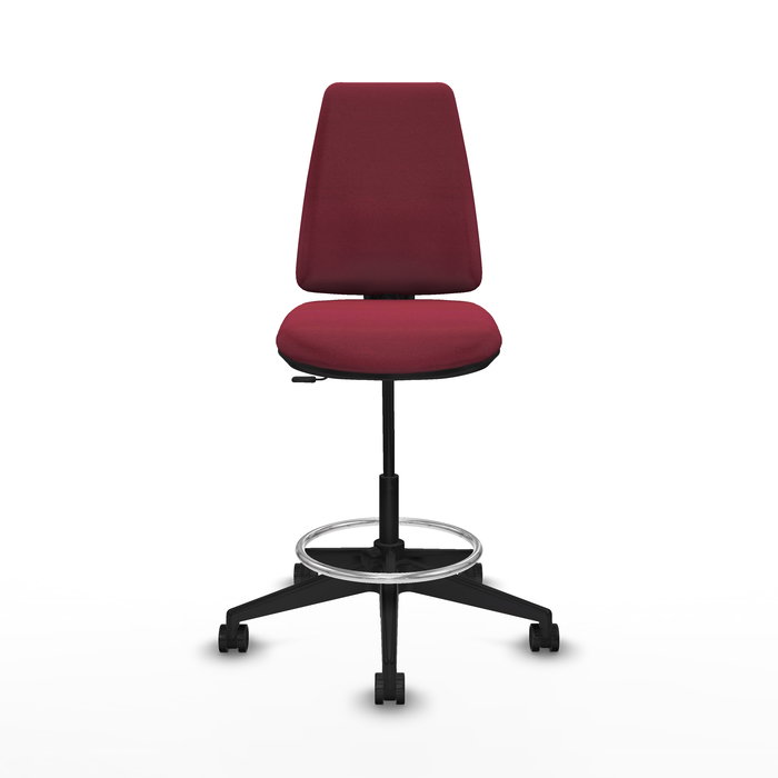 Tabouret Taburete Elche Contact permament de base Tissu Bordeaux Base pyramidale noire Sans accoudoirs Sans appui-tête Roulettes 65mm nylon