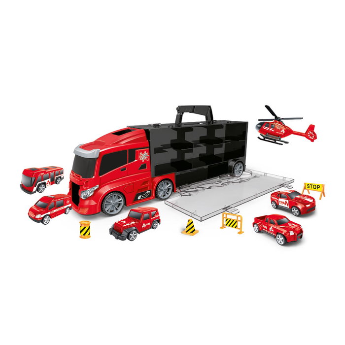 Tachan Camion Porte-Voitures de Pompiers avec Cabine Européenne - 5 Voitures, 1 Avion et 4 Panneaux de Signalisation - Pour Enfants 3 Ans et Plus