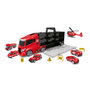 Tachan Camion Porte-Voitures de Pompiers avec Cabine Européenne - 5 Voitures, 1 Avion et 4 Panneaux de Signalisation - Pour Enfants 3 Ans et Plus
